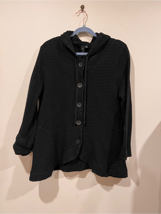 Focus Casual Life Sweaters - Women's Black Hooded Waffle Knit Button-Front Jacket